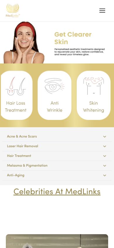 Medlinks Aesthetics: mobile homepage